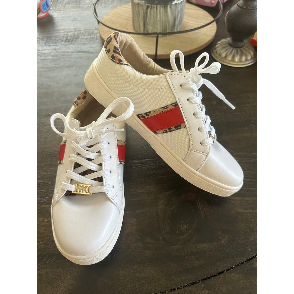 Michael Kors Addy Sneakers Women 3 White Red Leopard Print Lace Up MK Gold EUC
